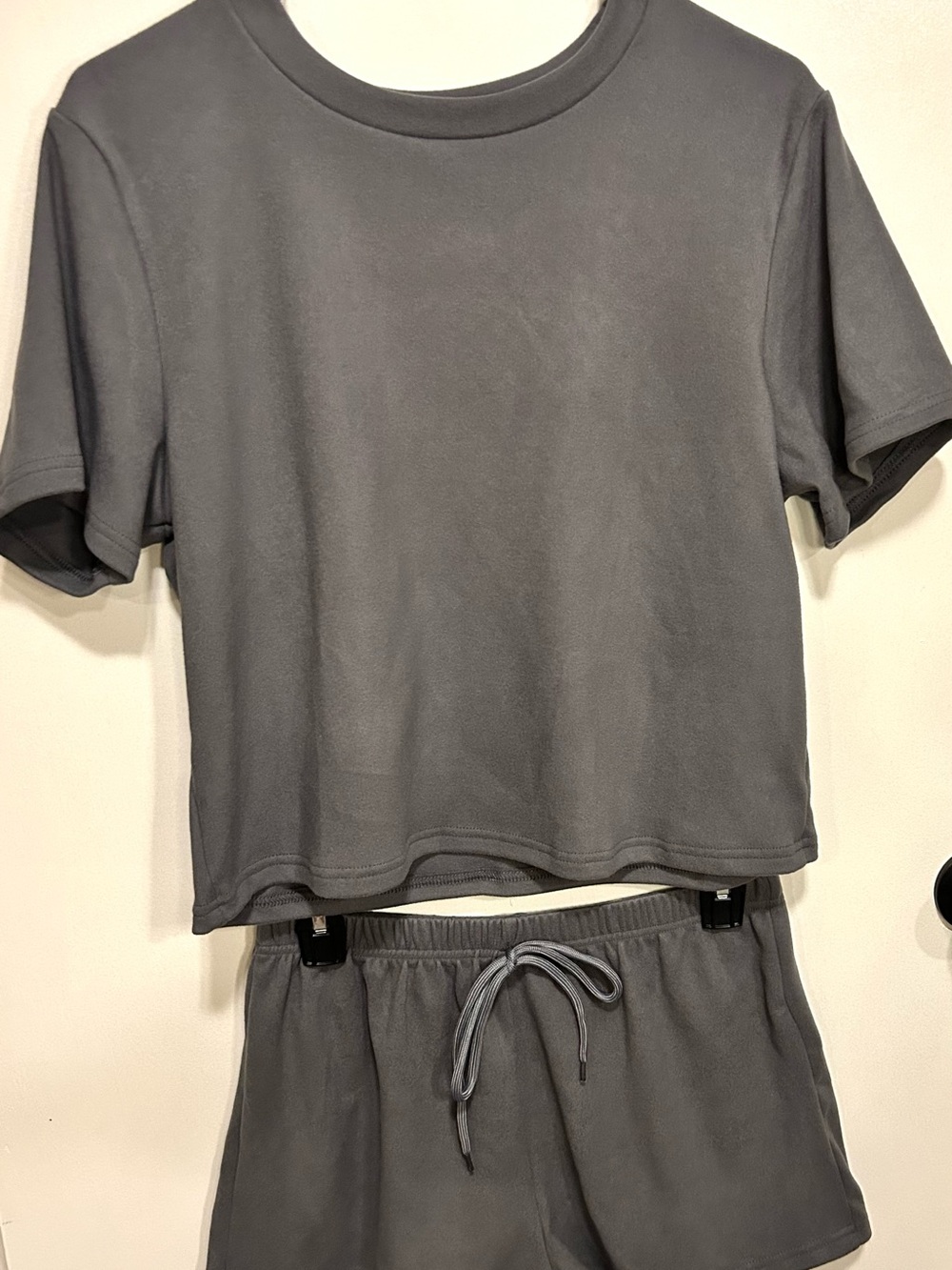 Cozy Gray Two-Piece Lounge Set - Crop Tee & Drawstring Shorts